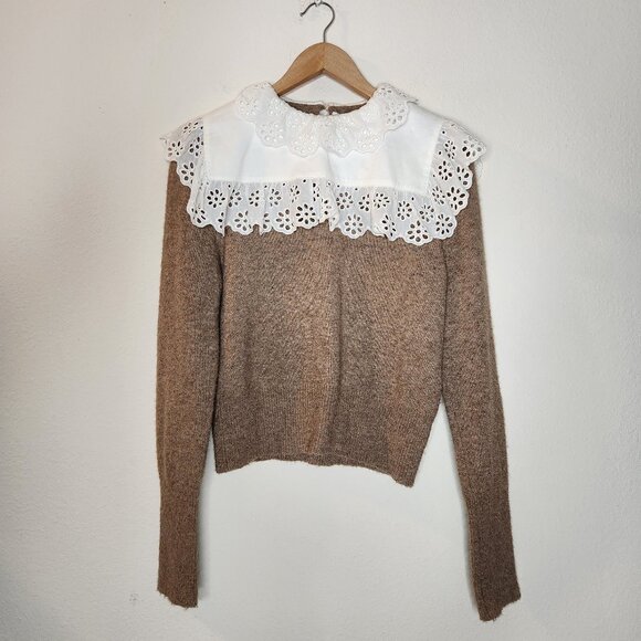 Zara Combination Wool Blend Sweater Brown Collared Lace Small - Picture 3 of 8